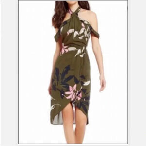 H By Halston Olive Green midi dress halter cut out  floral  nwt size 10 Large